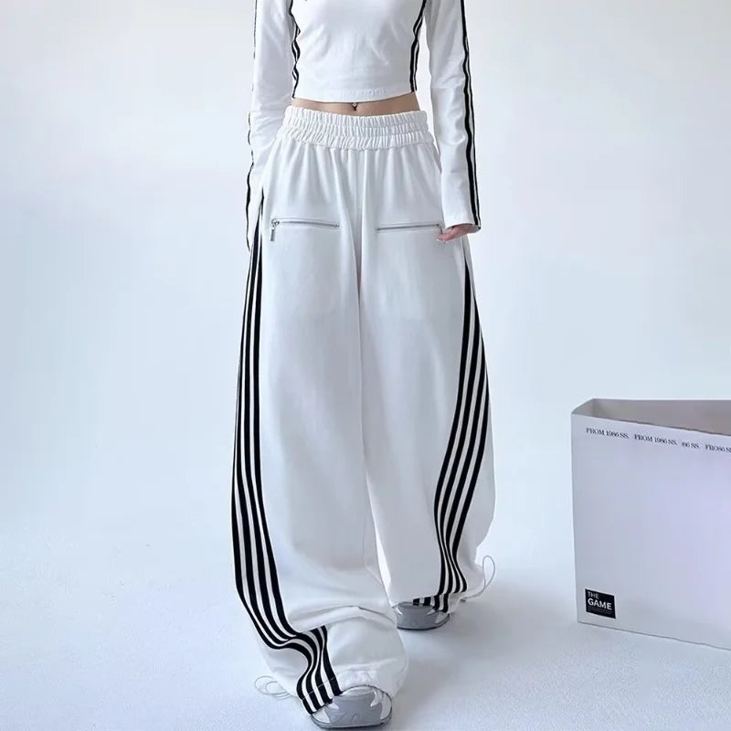 2026 Ropa Y2K Streetwear Striped Patchwork Elastic Waist Baggy New Pants For Women Wide Leg Drawstring Sweatpants Lady Trousers