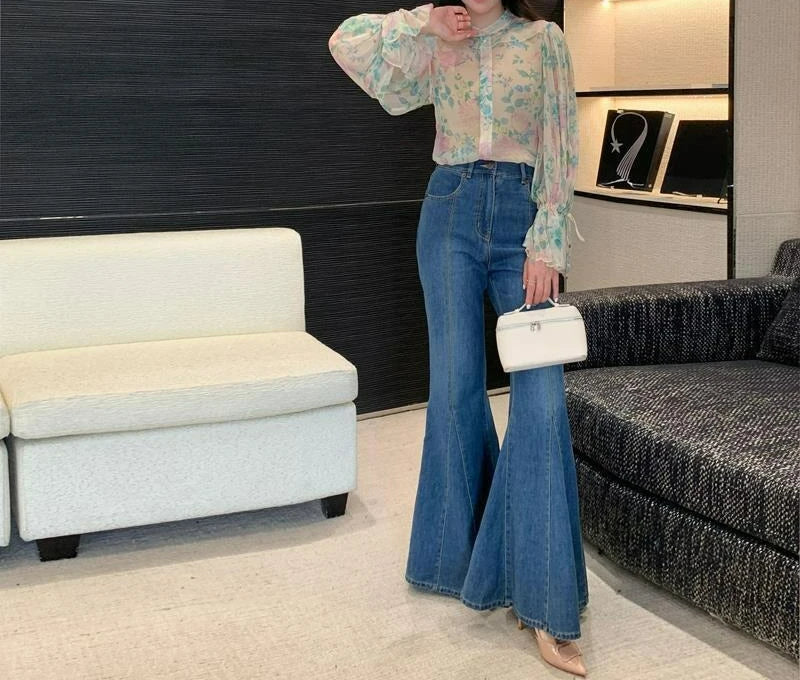 Retro Blue High-waisted Flared Slim-fitting Jeans New Mopping and Thin Fishtail Flared Pants Trousers