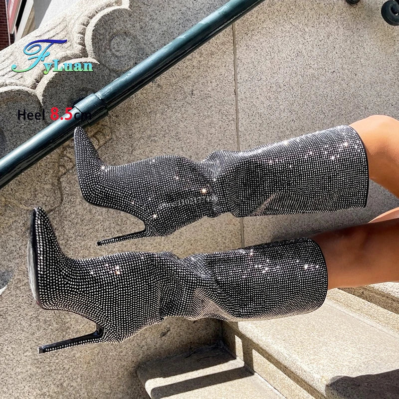 Gorgeous Rhinestones Boots Full Crystal Diamond Star Stage Shoes Women Pointy Knee-high 8.5CM Thin Heel Glitter Party Long Boots