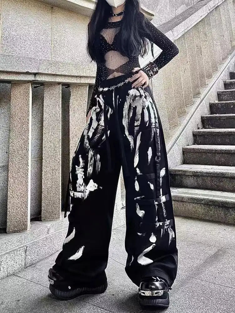 Y2K Grunge Silver Painted Cargo Pants Women's Gothic Drawstring Wide Leg Baggy Streetwear Trousers Female Punk Harajuku Bottoms