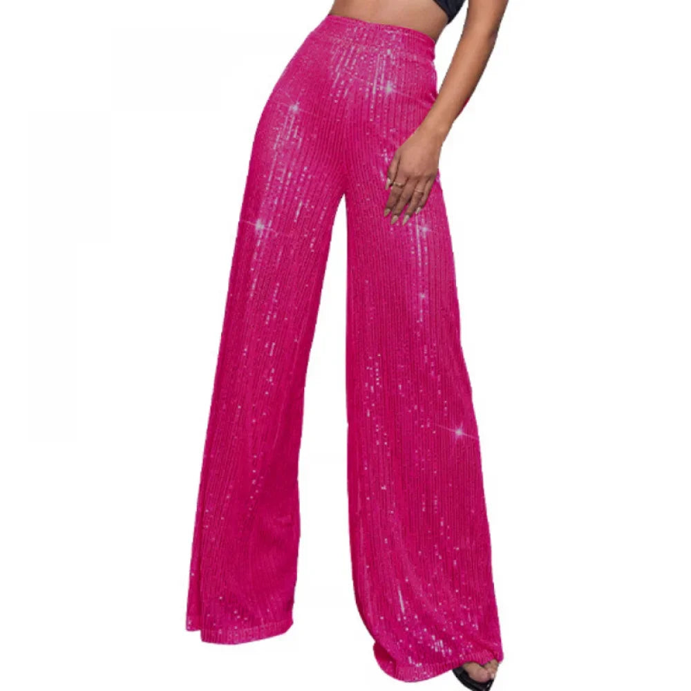 New Women Casual Sequin Sparkle Glitter Pants High Waist Flared Pants Elastic Loose Wide Disco Trousers Clubwear  Costumes