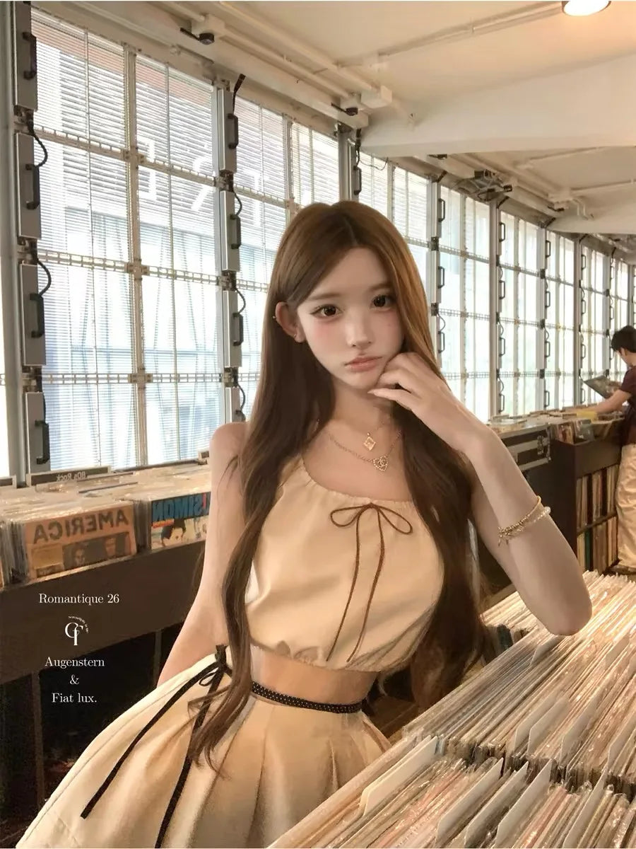 gothiscyn 2026 New Japanese Women's Matching Two Piece Babydoll Top Sets Khaki Drawstring To Mini Skirt Suit Sweet Lolita Style