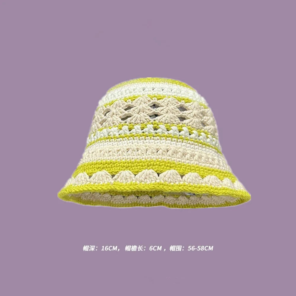 2023 Autumn New Crochet Korean Handmade Bucket Hat Women Weaving Knitted Hat  Fashion Flowers Autumn Winter Beanies Basin Cap