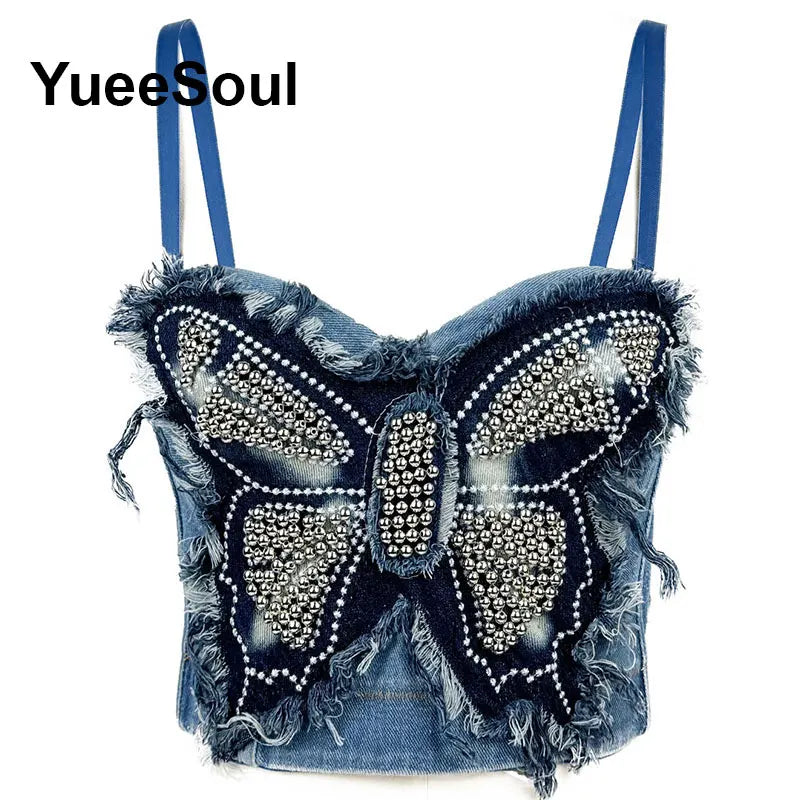 Denim Crop Tops Pearl Tassel Diamond Flower Blue Sleeveless Sexy Corset 2000s 2026 Summer New Y2K Party Evening Woman Clothes