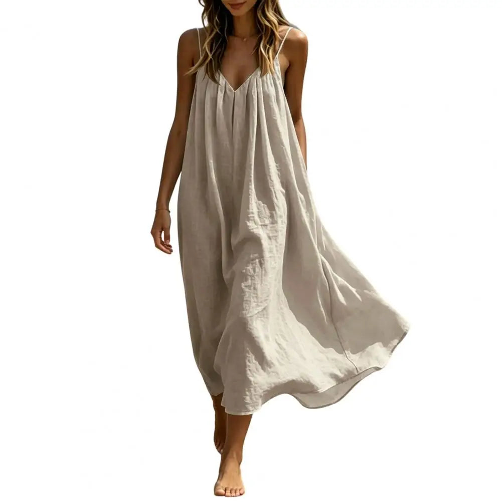 Women's Spaghetti Strap Beach Sundress, Summer Sleeveless V Neck Cami Dress, Loose Flowy Vacation Long Dress Plain Maxi Sundress