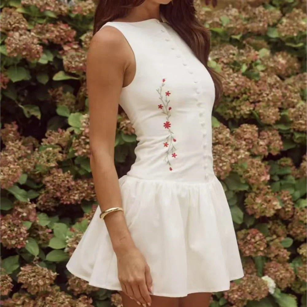 2025 Women's White dress Mini Summer buttons front pleated Dresses Vintage vest embroidery dresses