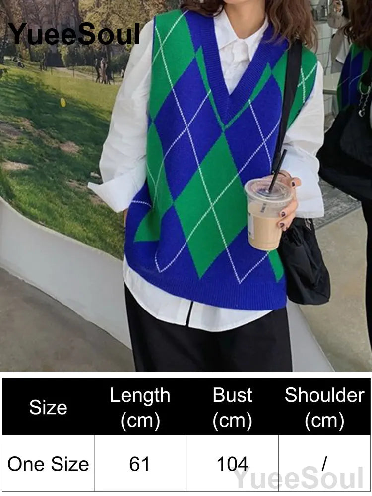 Blue Argyle Women's Vest Plaid Sleeveless Pullover Loose Knitted Sweater Vest 2026 New Autumn Y2K Casual Oversized Waistcoat
