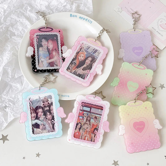 Kawaii 3-inch Photocard Holder with Wing Charm Keychain Kpop Idol Photo Sleeve for Student ID Bag Pendant Cute Card Protector