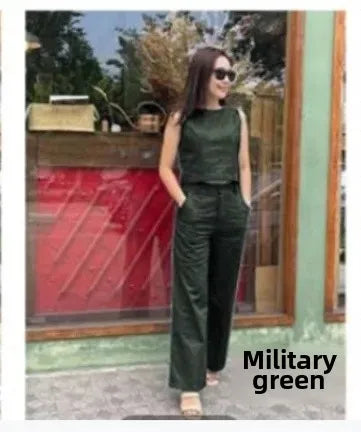 Women's Cotton Linen Set Casual Fashion Wide Leg Pants Sleeveless Pockets Solid Color Ensemble Elegant Versatile Outfit