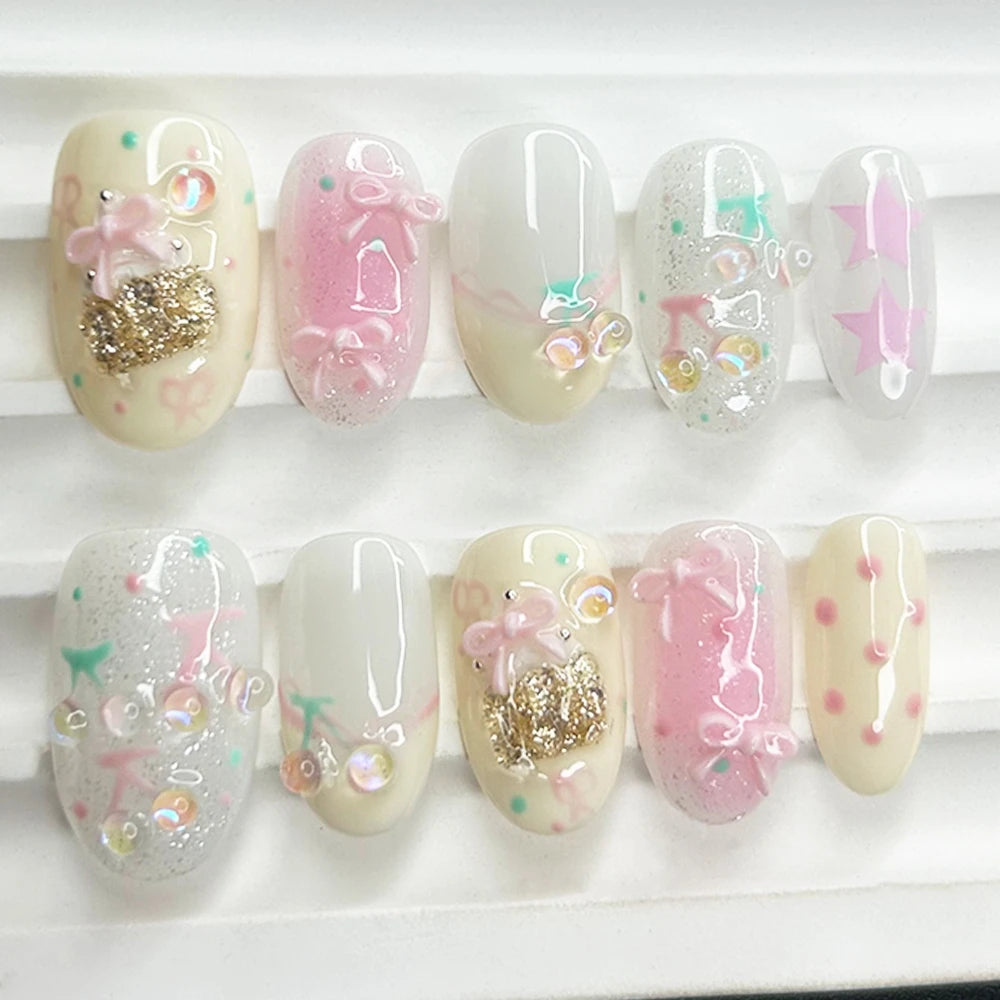 Cute Cheese Cherry Pink Handmade Press On Nails Bow Ice Cream Dreamy Hand-Painted Collection Fake Nails Removable Reusable