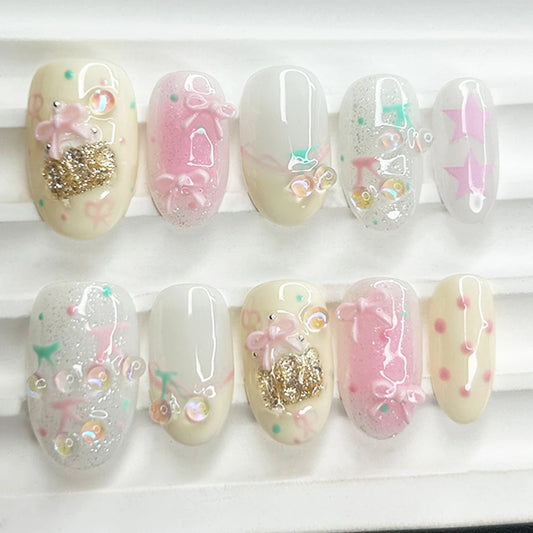 Cute Cheese Cherry Pink Handmade Press On Nails Bow Ice Cream Dreamy Hand-Painted Collection Fake Nails Removable Reusable