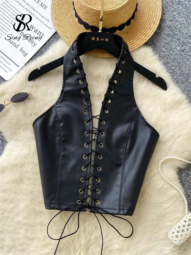 SINGREINY PU Leather Sexy Club Camisole Fashion Hollow Out Lace Up Slim Tank Top Sleeveless Backless Ins Spicy Girl Halter Top