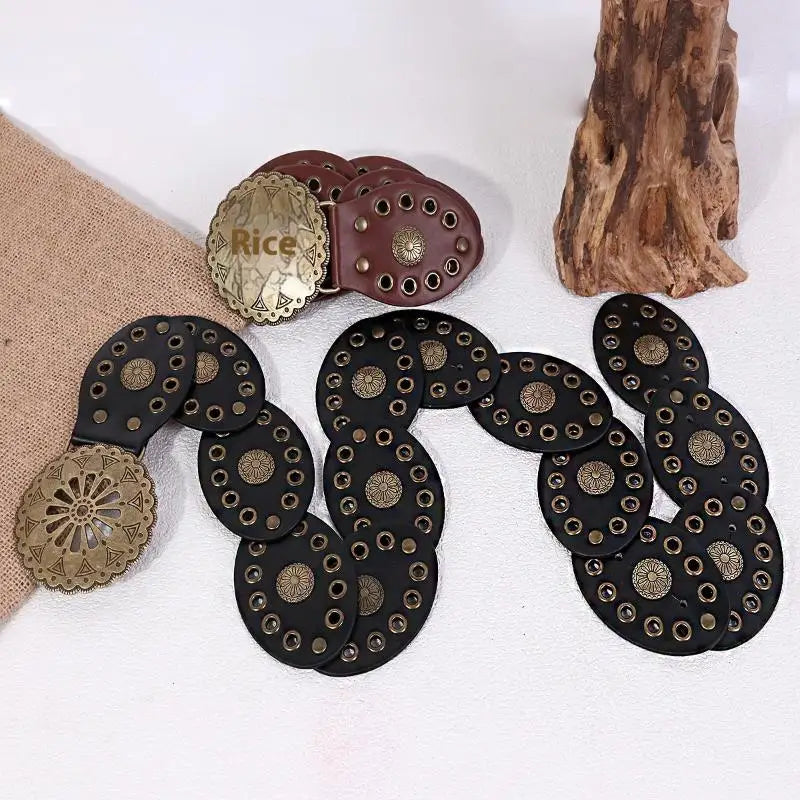New Ladies Bohemian Western Cowboy Punk Style Belt Fashion Accessory Hollow Out Flower Buckle Oval Splicing Design