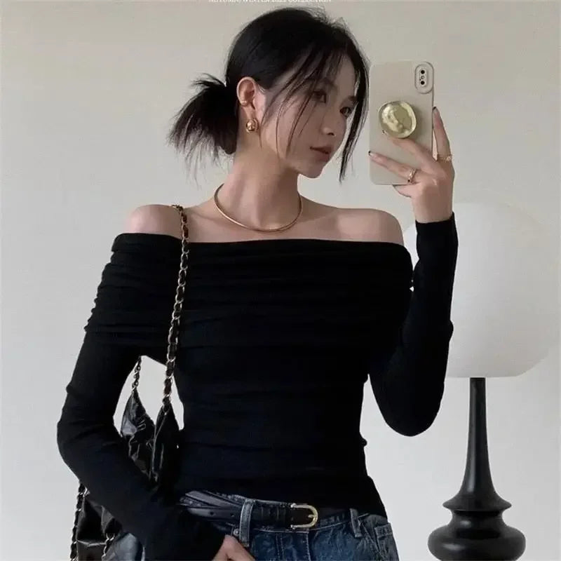 Women Off Shoulder Long Sleeve Knitted T-shirt Sexy Tops Solid Elegant Autumn Winter New Spicy Girl Slim Fit Short Red Crop Top