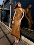 Short Sleeve Slim Fit Sequined Pleated Sheath Mid-Calf Evening Party Dress | Inspired by Beren Saat