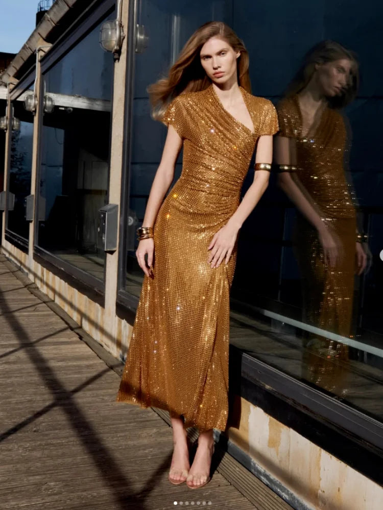 Short Sleeve Slim Fit Sequined Pleated Sheath Mid-Calf Evening Party Dress | Inspired by Beren Saat