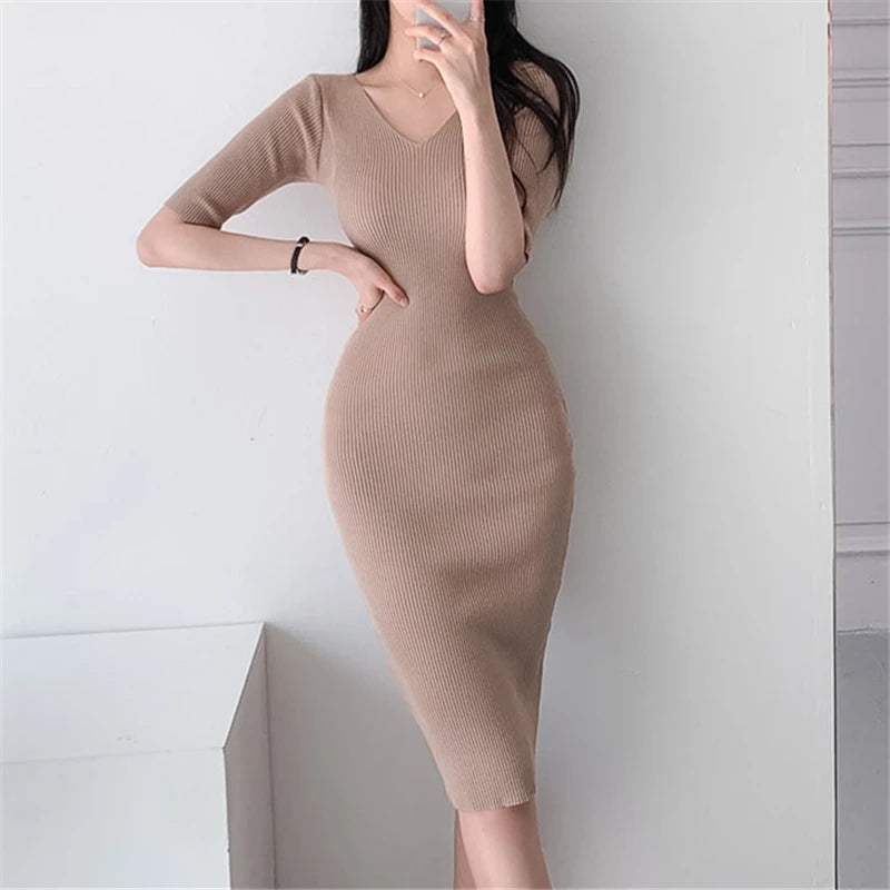 REALEFT Summer Women's Bodycon Dress 2025 New High Waist Black Korean Solid V-Neck Sheath Pencil Midi Wrap Dresses Female