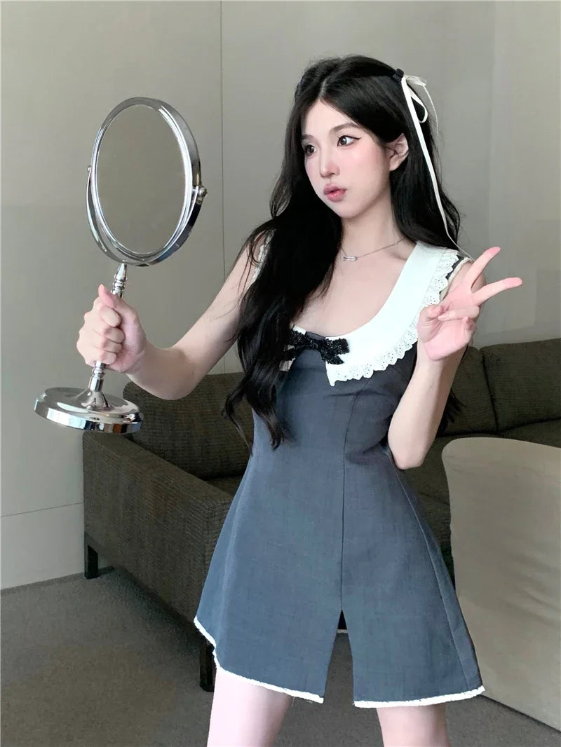 Contrast White Bow Peter Pan Neck Gray Slit Mini Dress Lolita Kawaii dresses elegant women y2k clothing summer korean fashion