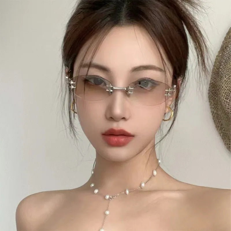 Korean Fashion Style Glasses for Women Oval Shape Rimless  Sunglasses Women Campus Style Female