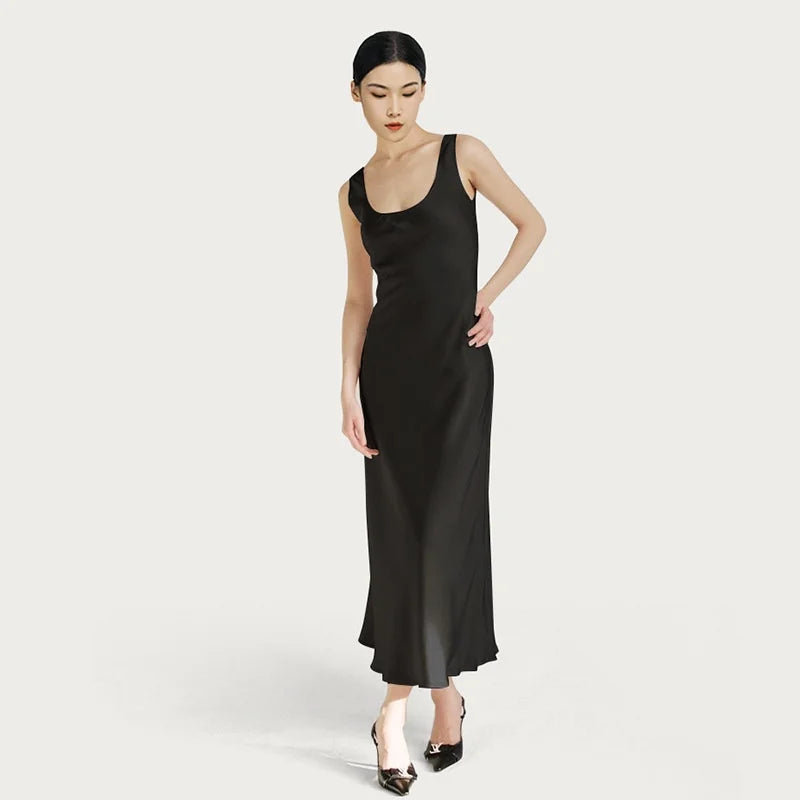 BirdTree OEKO-TEX 22MM 100% Silk Solid Dress,European Size Women U-neck Sleeveless Sling Dresses,2026 Summer New Dress D5O505JF