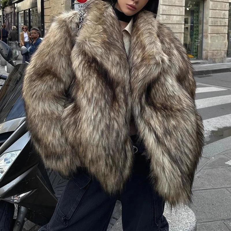 Long Faux Fur Coat Women Autumn Winter Large Jacket Overcoat White Turn Down Collar Pockets Thick Coat Warm Jackets Maxi Coats