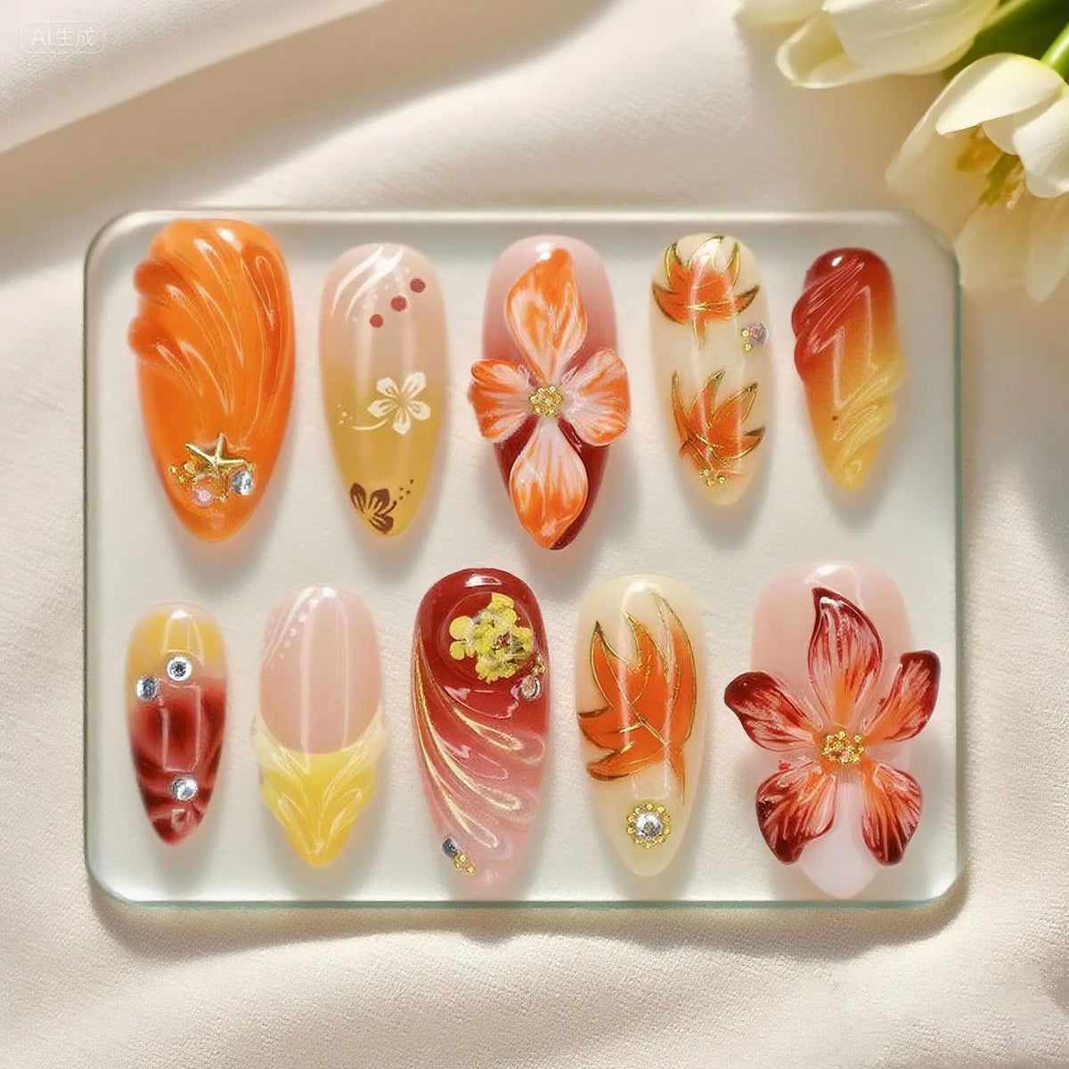 Almond 3D Flower Gradient Pearl Press-On Nails