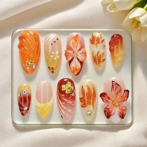 Almond 3D Flower Gradient Pearl Press-On Nails