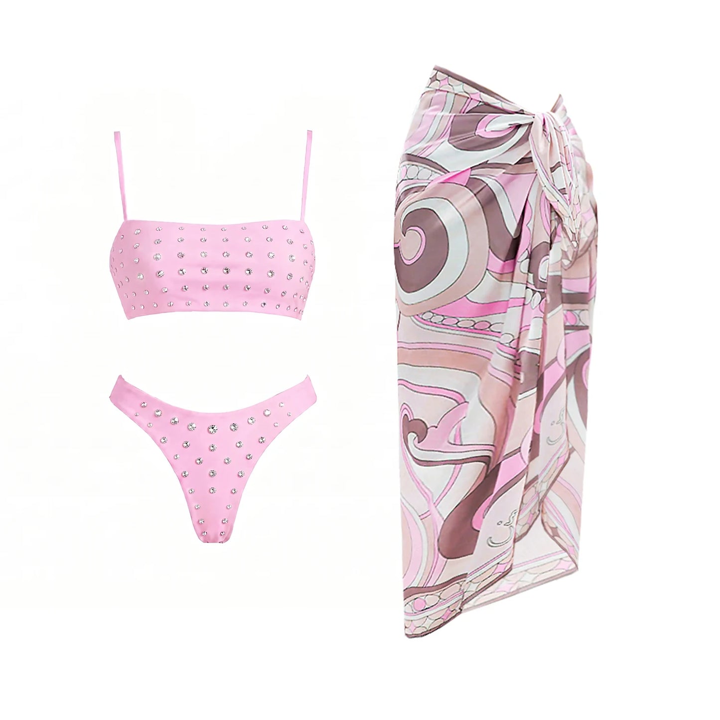 3Pcs Diamond Bikini With Cover Up Sexy Women Swimsuit Swimwear Female Bandeau Biquini Pink Print Swim Suit Beachwear Bathingsuit