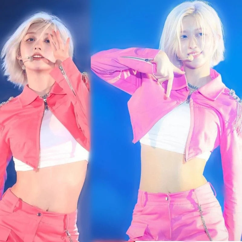 New Kpop Women Stage Sexy Crop Tops Cargo Pants Performance Costume Concert Hip Hop White Vest Pink Jacket Jazz Dancer Outfits