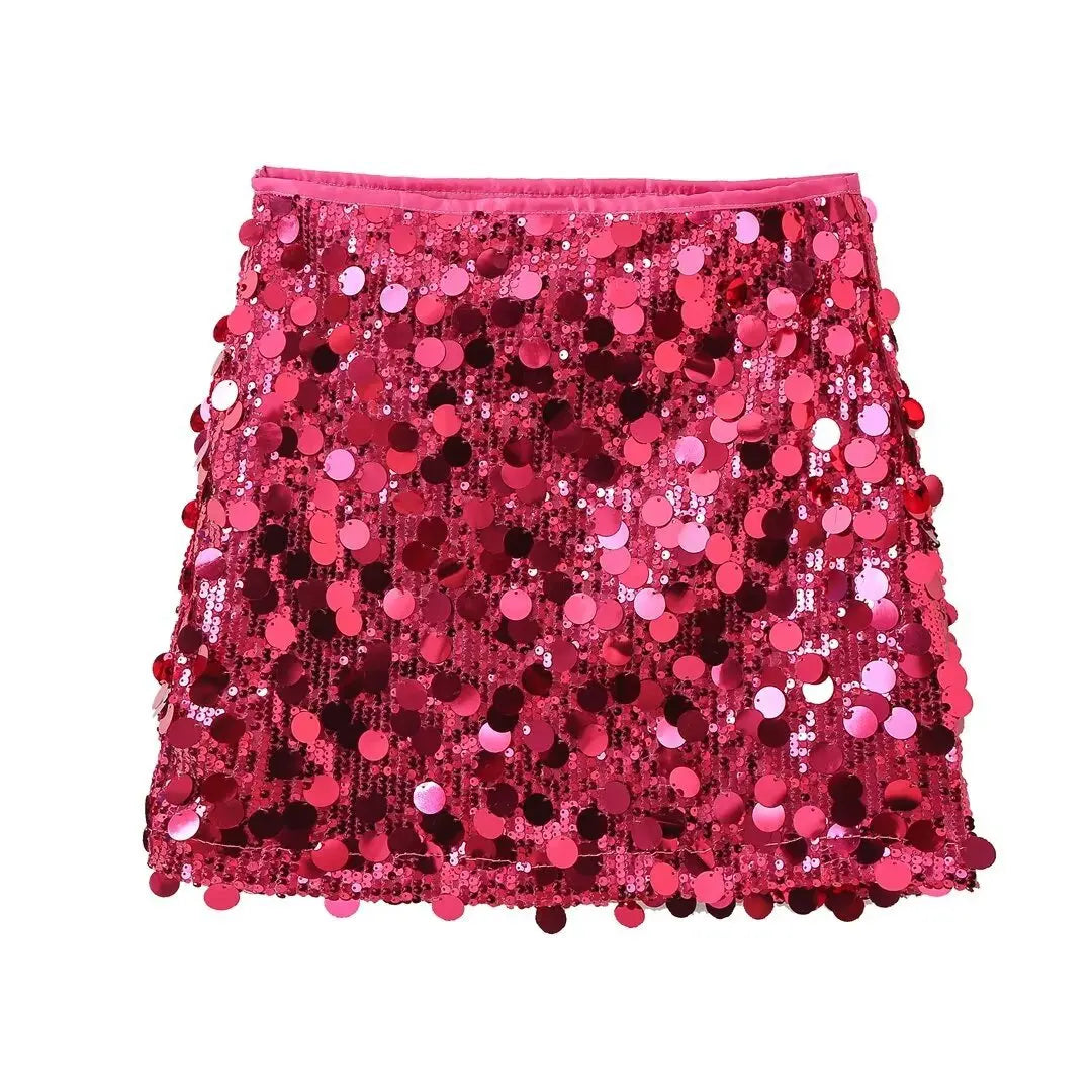 Women Fashion With Sequined Solid Side Zipper Mini Skirt Vintage High Waist Female Chic Lady Skirts