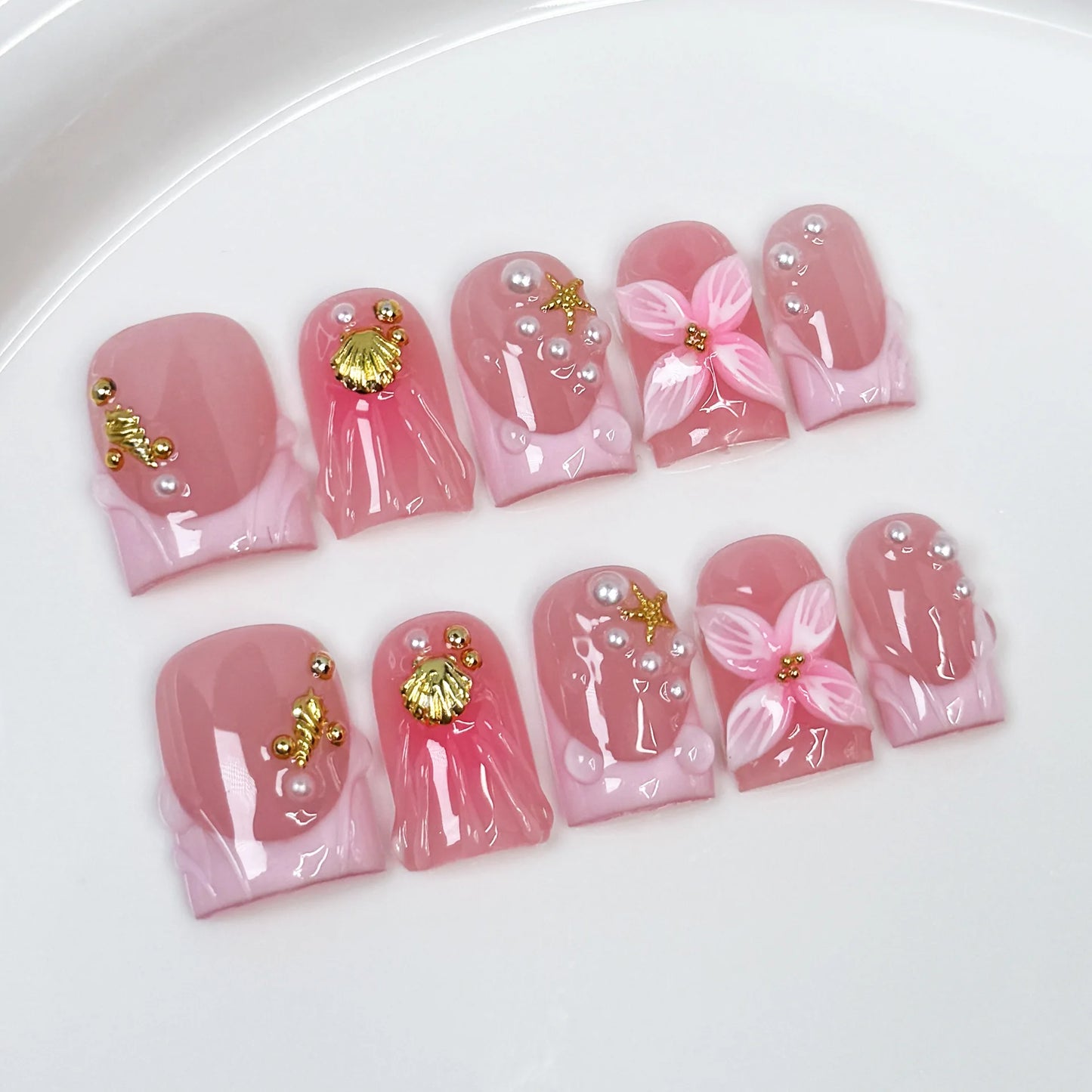 10Pcs Sweet Mid-length Ballet False Nails Art Fashion Pink Cat Eye Lovely Bow Wearable Finished Nails Set Summer Acrylic Nails