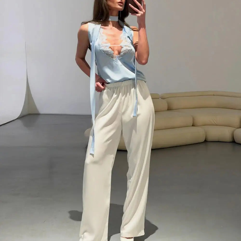 New Women's Elegant Temperament Casual Satin Lace Camisole Top Korean Fashion V Neck Sexy Slim Fit Versatile Sleeveless Vest