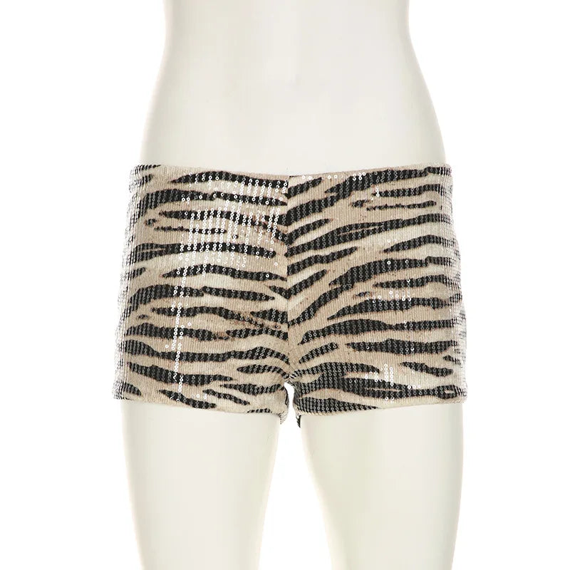Cute Womens Zebra Print Sequin Shorts Low Waist Casual Summer Hot Short Women's Daily Summer Short Pants Y2K Streetwear