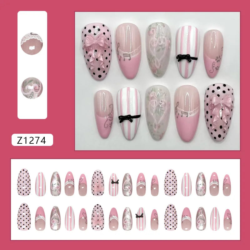 24pcs Sweet Pink Press On Nails Pink Bowknot Design French Almond Fake Nails Glossy Fashion Korean False Nail Patches Manicure