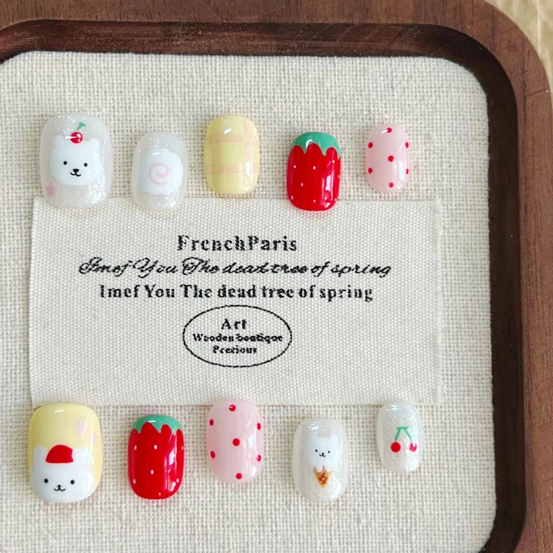 10Pcs Korean Style Cute Bow Polka Dot Print Press on Nails Fake Nails Full Cover Nail Tips Reusable Fake Nail Art Patch Stickers