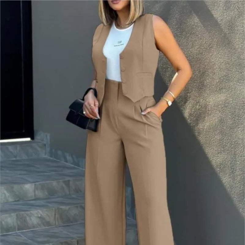 Women's Casual Waistcoat Wide Leg Pants Suit Elegant Sleeveless Vest Trousers 2 Pieces Set Solid Color Commuter Lady  Pants Set