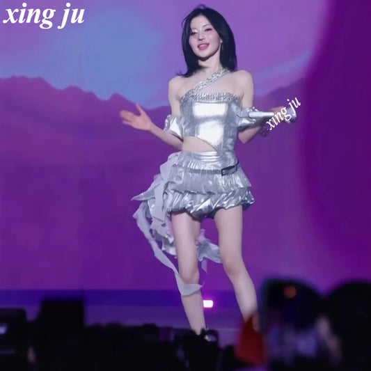Kpop Singer Stage Silver Rhinestone Sling Tops Irregular Short Skirt Korean Concert Performance Outfits Women Jazz Dance Costume