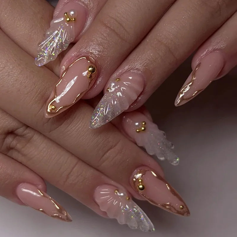 30Pcs False Nails Summer Ocean Style with Cool 3D French Tips High-Quality Press-On Nails Perfect As A Gift for Girls and Friend