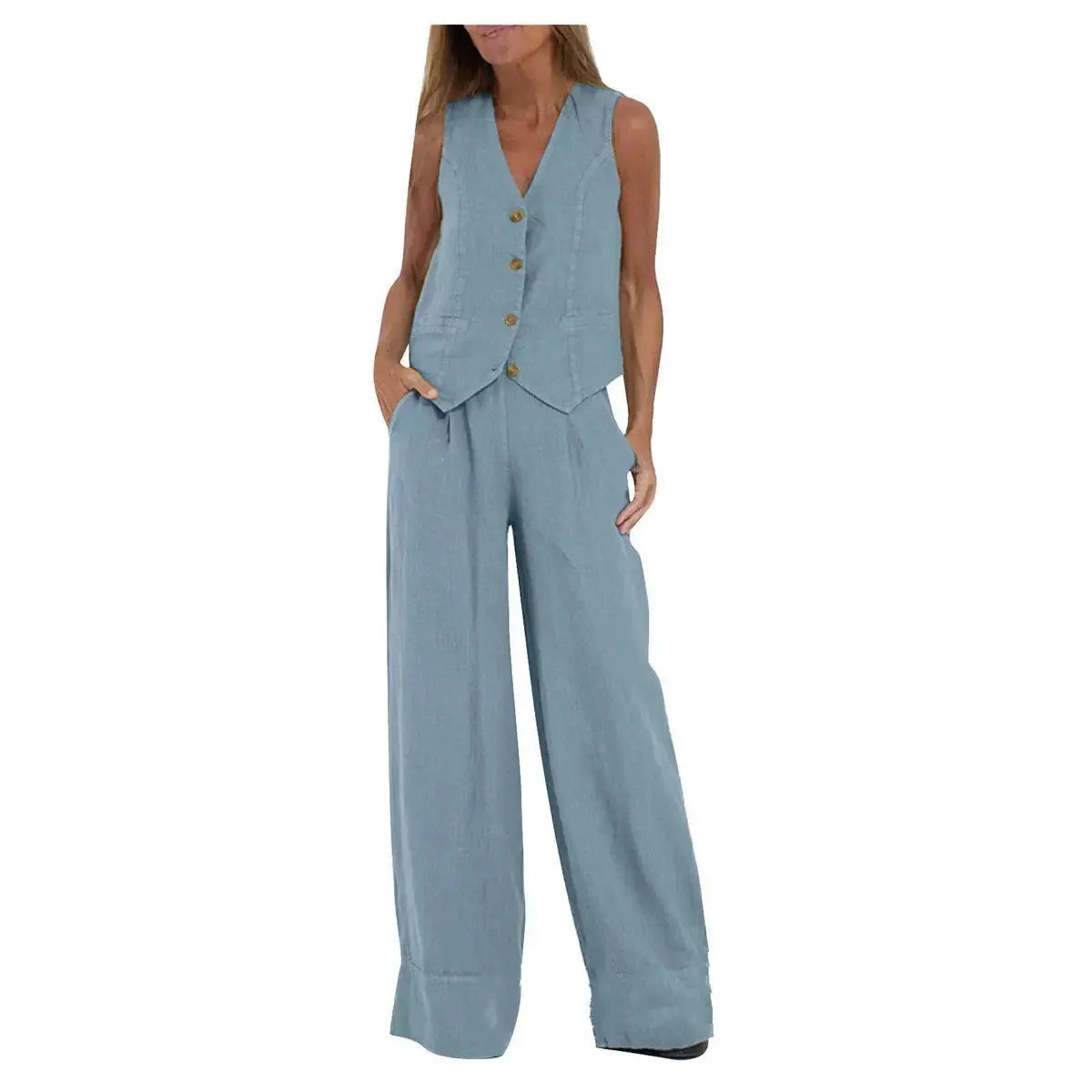 Womens Cotton Linen 2 Piece Sets  Sleeveless Suit Button V-Neck Vest and Wide Leg Pants Casual Blazer Matching Outfit