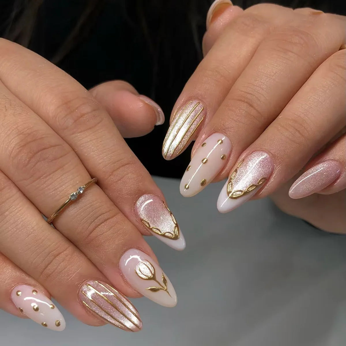24pcs/30pcs/set Medium long 3D fake nails flowers golden foil bow rhinestones pink white leopard nail tips press on false nails