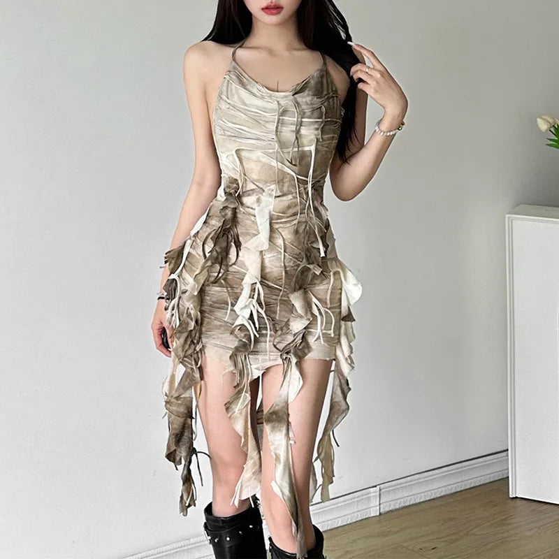 Tie-Dye Halter Tassel Ruched Backless Pleated Mini Dress | Inspired by Beren Saat