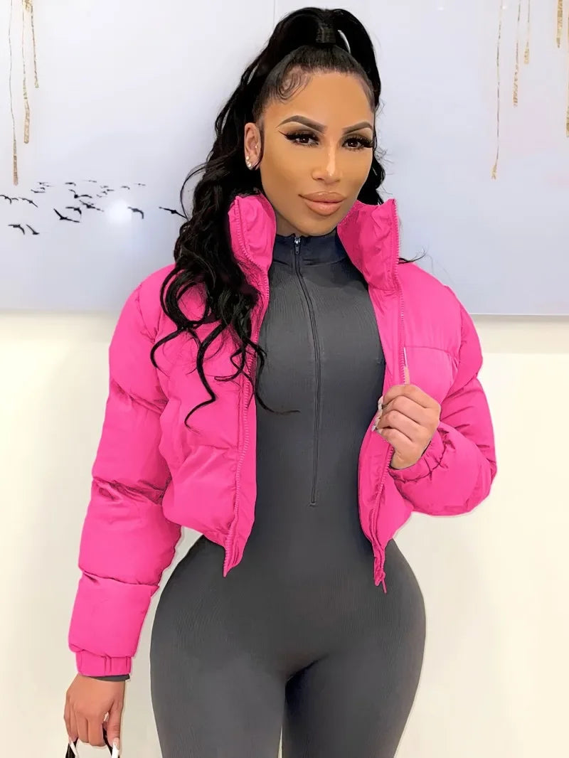 Women Solid Parkas Jackets Stand Collar Long Sleeve Zip-up Thick Warm Quilted Coats Fashion Casual Cotton Padded Outerwear
