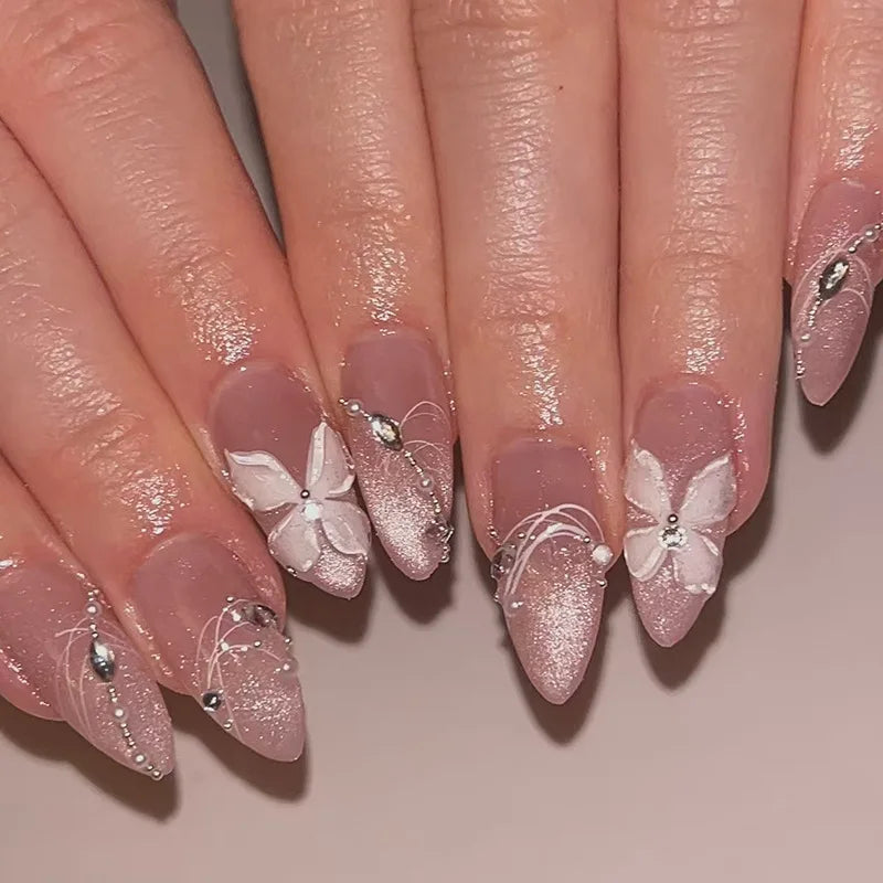24Pcs Almond Press on Fake Nails Wearable Red Purple Blusher Halo Design False Nails Acrylic Full Over Simple Fashion Nail Tips