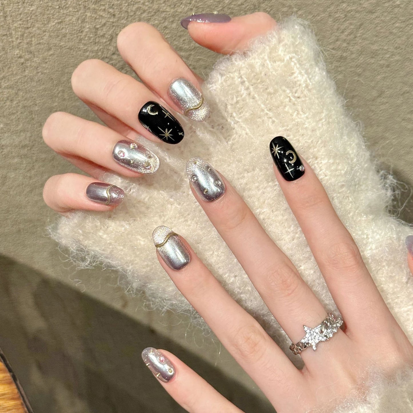 10pcs Sweet Stars Bow Handmade Fake Nails Press on Nails Gentle Cat's Eye Fake Nails French Tips Detachable Wedding False Nails