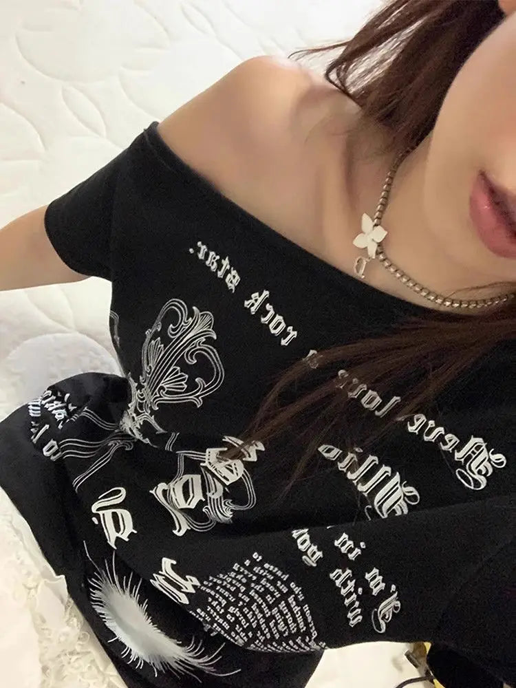 Off Shoulder Asymmetrical Print Black T-shirts Women Summer Loose Short Sleeve Spicy Girl Tops Harajuku Y2k Grunge Tees