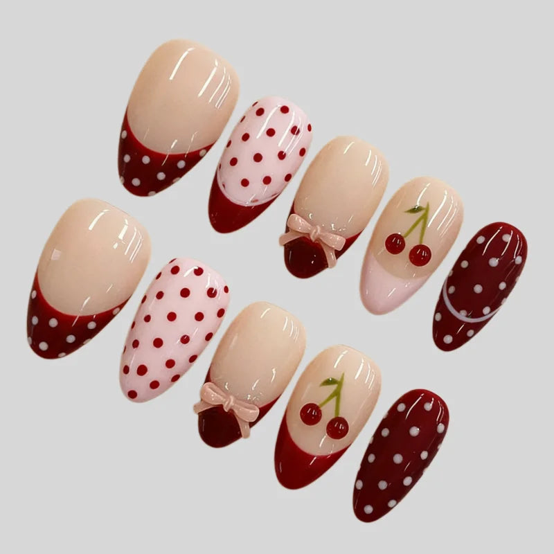 30Pcs Fake Nails Sweet Pink French Polka Dots Bows and Playful Cherries—Press-On Nails Perfect as Gifts for Girls and Friends