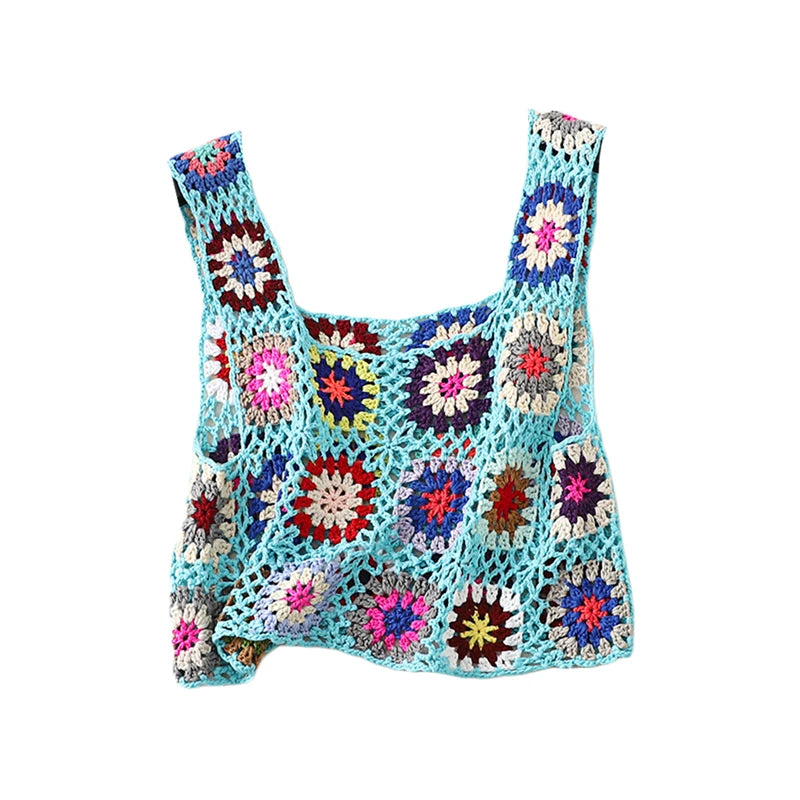 Lamuusaa Crochet Crop Top y2k Women Floral Embroidery Hollow Out Sleeveless Knitted Tanks Vest 2000s Clothes Summer Beachwear