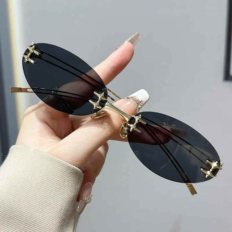 Korean Fashion Style Glasses for Women Oval Shape Rimless  Sunglasses Women Campus Style Female