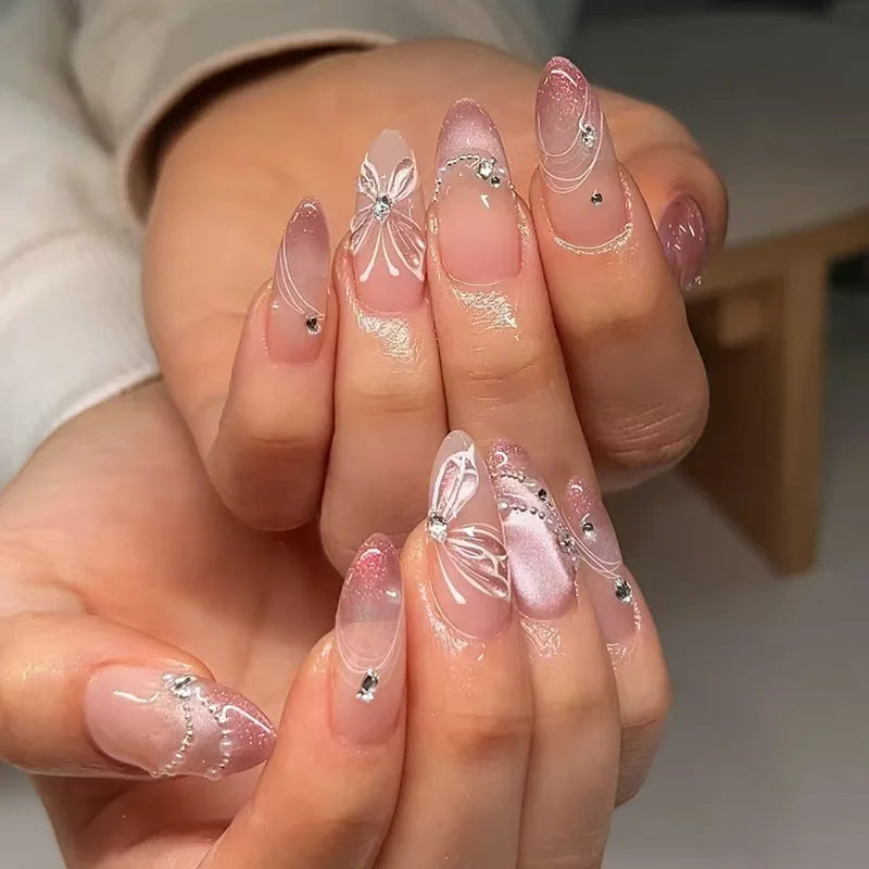 24pcs/30pcs/set Medium long 3D fake nails flowers golden foil bow rhinestones pink white leopard nail tips press on false nails