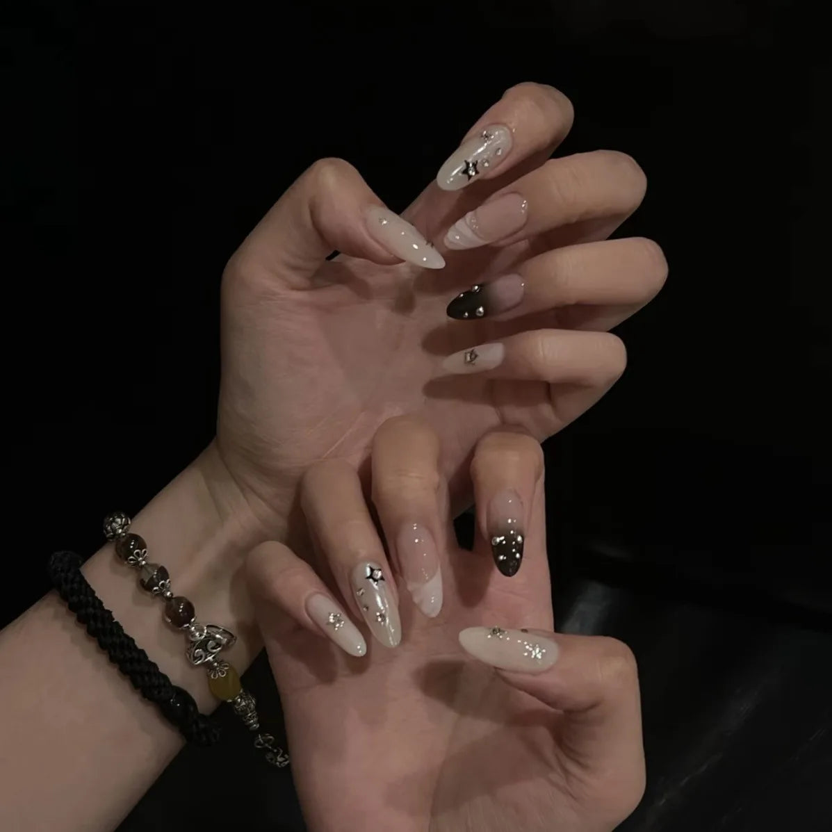 10pcs Handmade Korean Press on Nails Sweet Cool Star Pink White Fake Nail Tips Wearable Summer Night Sky Almond False Nails